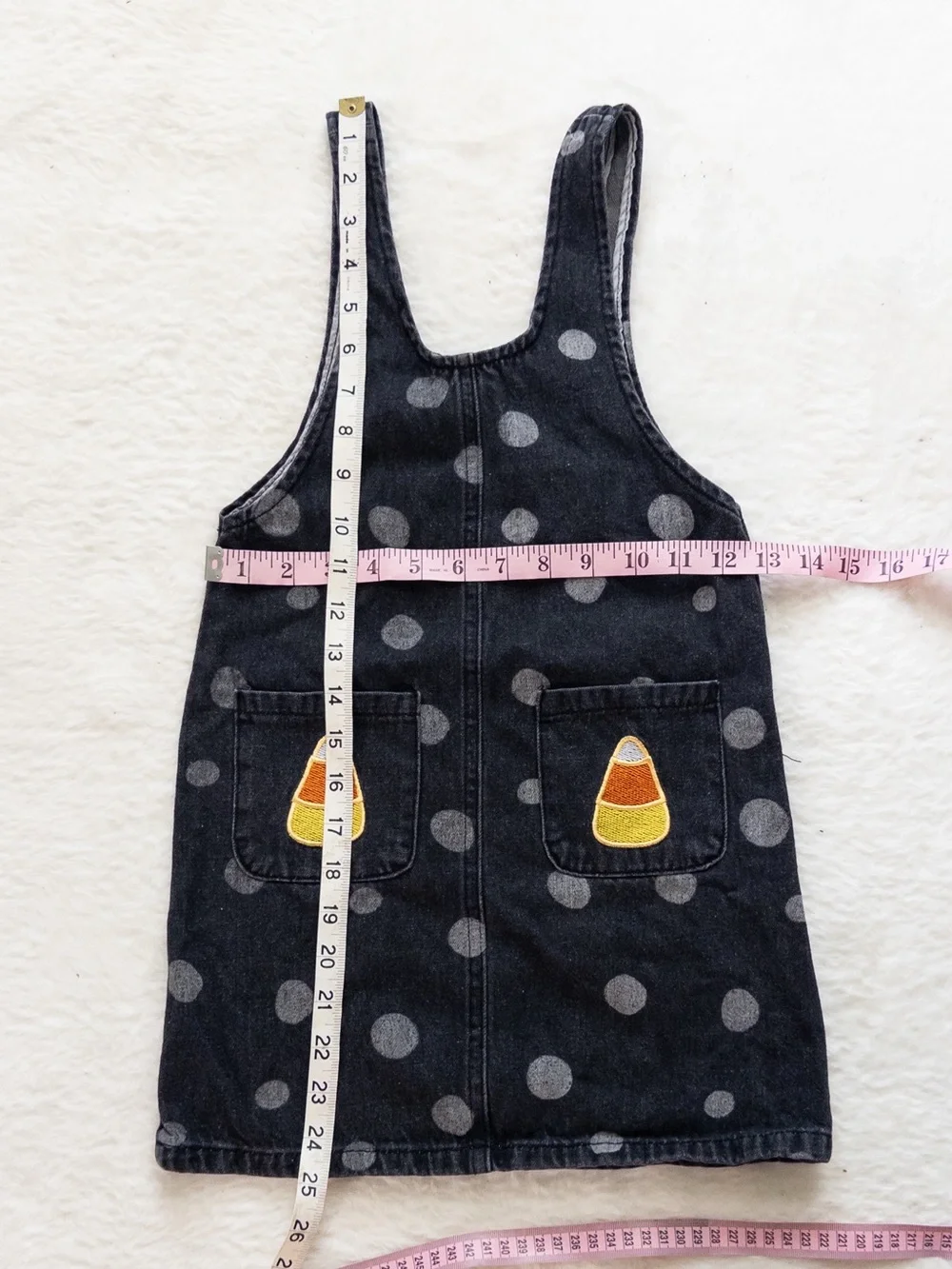 Girls Black Polka Dot Denim Jumper Dress with Candy Corn Pockets - Size XL